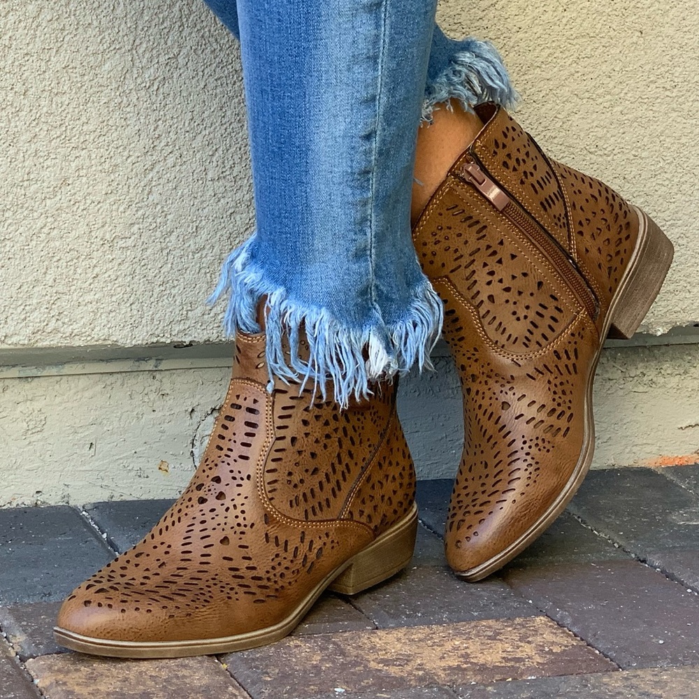 Cognac Perforated Pointy Toe Western Ankle Bootie - Picture 7 of 8